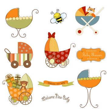 baby stroller items set in vector format isolated on white backg