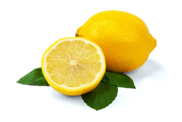 Lemons with leaves on a white background