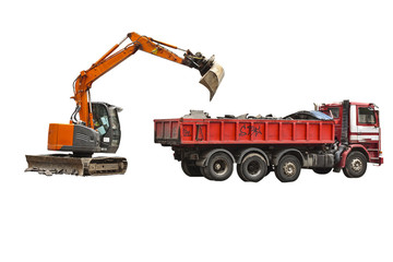 excavator and truck isolated