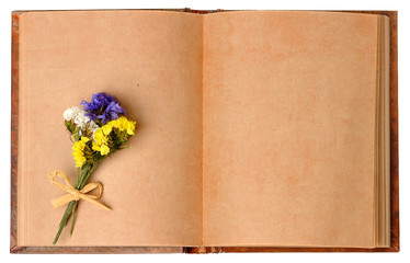 Old notebook open isolated  flowers