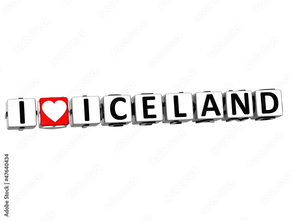 Aufkleber 3d i love iceland button click here block text