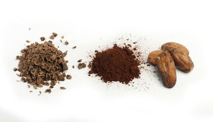 Cocoa beans, cocoa powder and grated chocolate