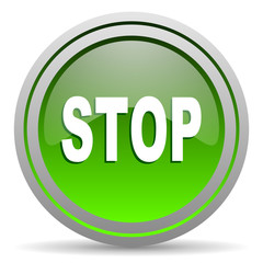 stop green glossy icon on white background