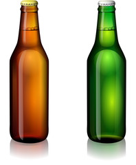 Green and brown bottles of beer on a white background