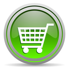 shopping cart green glossy icon on white background
