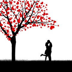 Heart leaves and kissing couple