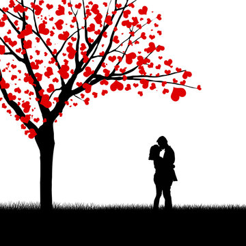 Heart leaves tree and couple silhouette