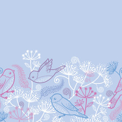 Vector pastel birds and flowers horizontal seamless pattern