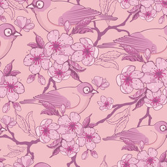 Vector pastel birds among sakura flowers seamless pattern