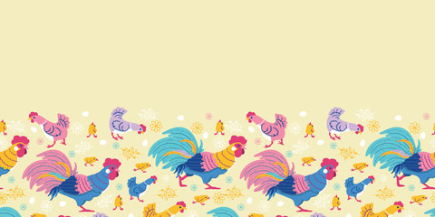 Fototapeta na wymiar Vector fun chickens horizontal seamless pattern background