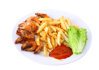 Deep-fried potatoes with fry shrimps. Isolated