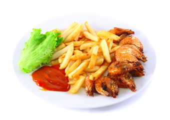 Deep-fried potatoes with fry shrimps. Isolated