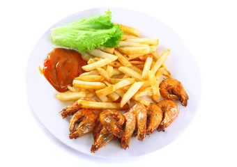 Deep-fried potatoes with fry shrimps. Isolated