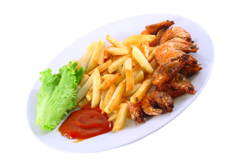 Deep-fried potatoes with fry shrimps. Isolated