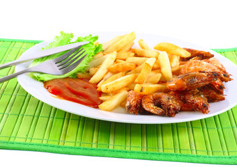 Deep-fried potatoes with fry shrimps. Isolated