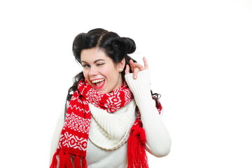 Pin-up girl style woman white polo neck sweater