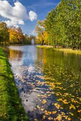 Fototapeta na wymiar Autumn park and blue sky reflecting on river