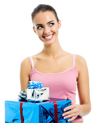 Young smiling woman with gift, isolated