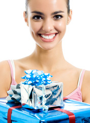 Young smiling woman with gift, isolated