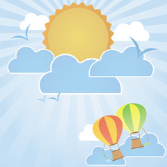 Heißluftballons, die auf gutem Wetterhintergrund fliegen: Tageszeit