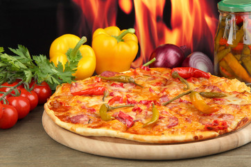 Tasty pepperoni pizza with vegetables