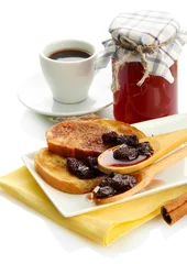 Zelfklevend Fotobehang White bread toast with jam and cup of coffee, isolated on white © Africa Studio