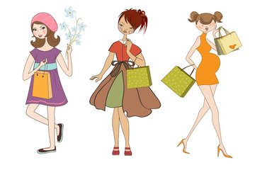 set of three young girls at shopping isolated on white backgroun