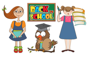 set of two happy young girls at school isolated on white backgro