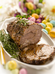 roasted meat over easter table, selective focus