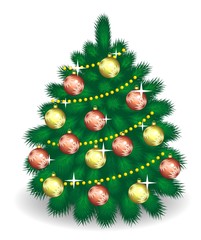 Ель с украшениями изолированная на белом фоне