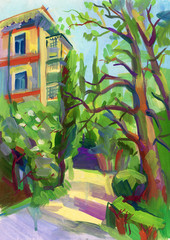 Crimean sketch in gouache. Gurzuf. Hand-drawn