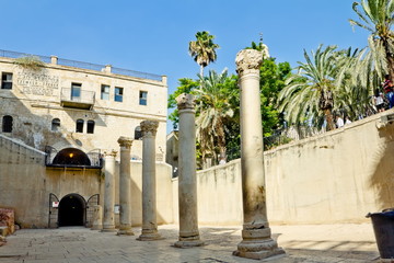 ROMAN COLUMN IN CARDO GALLERY IN THE OLD CITY OF JERUSALEM