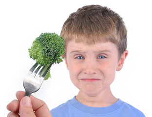 Boy and Healthy Broccoli Diet on White