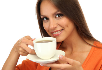 beautiful young woman with cup of coffee, isolated on white