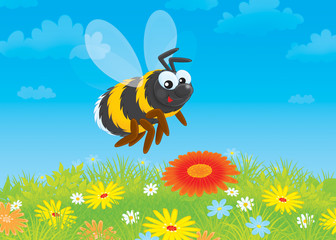 Bumble bee flying over a meadow with wildflowers