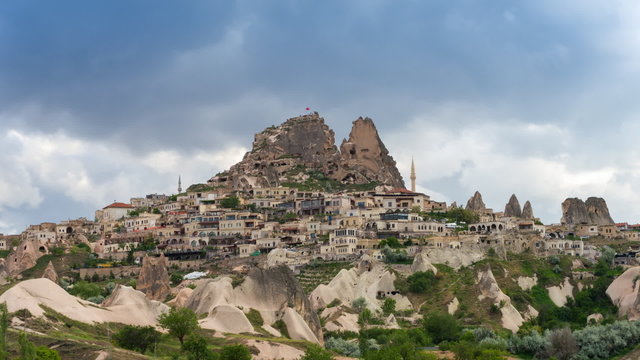 Timelapse view of Uchisar Castle cave houses. Cappadocia, Turkey