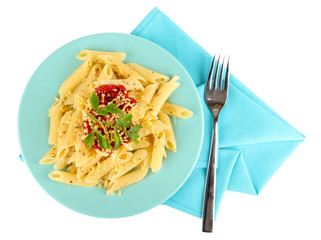 Rigatoni pasta dish with tomato sauce isolated on white