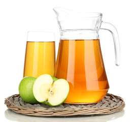 Full glass and jug of apple juice and apples isolted on white