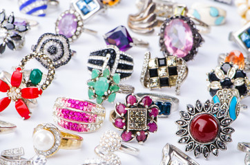 Collection of jewellery rings on white