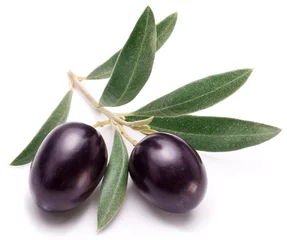 Poster Ripe black olives with leaves. © volff