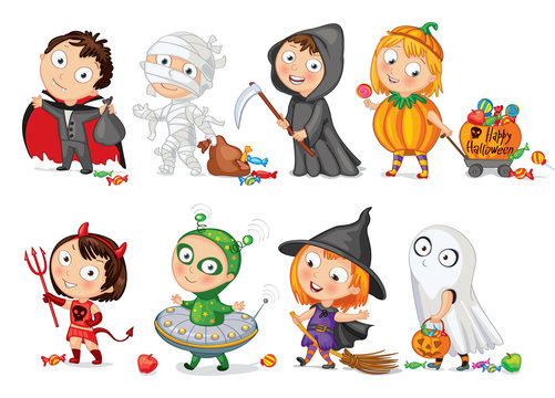 Happy Halloween. Funny little children in colorful costumes