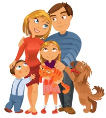 Poster Gelukkig gezin van vier en twee huisdieren, samen poseren, vector © kharlamova_lv