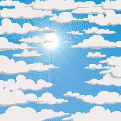 Poster Blauwe lucht met wolken en zon. vector illustratie © kharlamova_lv