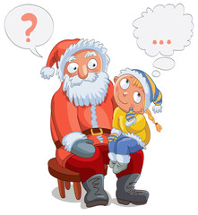Little girl sitting on Santa's lap and make a wish, vector