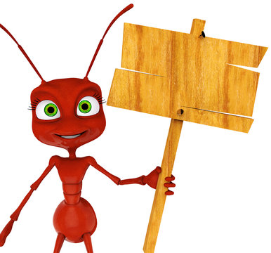 ant cartoon holding a sing close up