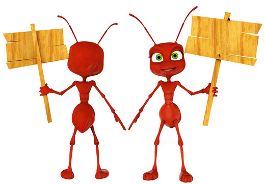 ant cartoon holding a sing front and back view