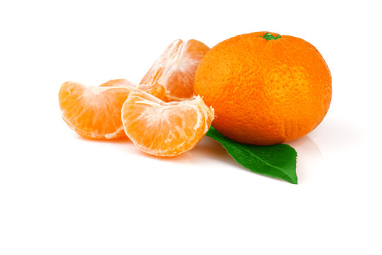 orange tangerine with leaf, isolated on white background