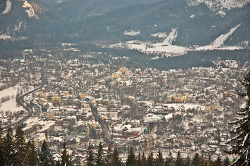 Panorama of Zakopane city in winter - bird's eye view