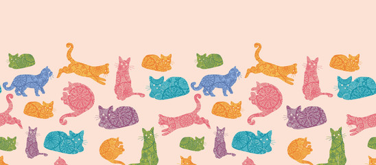 Vector colorful cats silhouettes horizontal seamless pattern