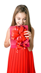 little girl open red gift box